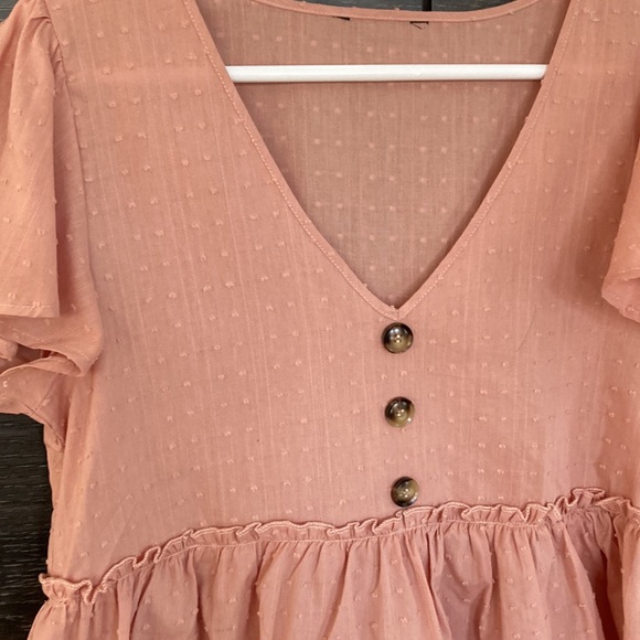Dusty Peach Cotton V Neck Blouse w Flutter Sleeves Large - Picture 3 of 10
